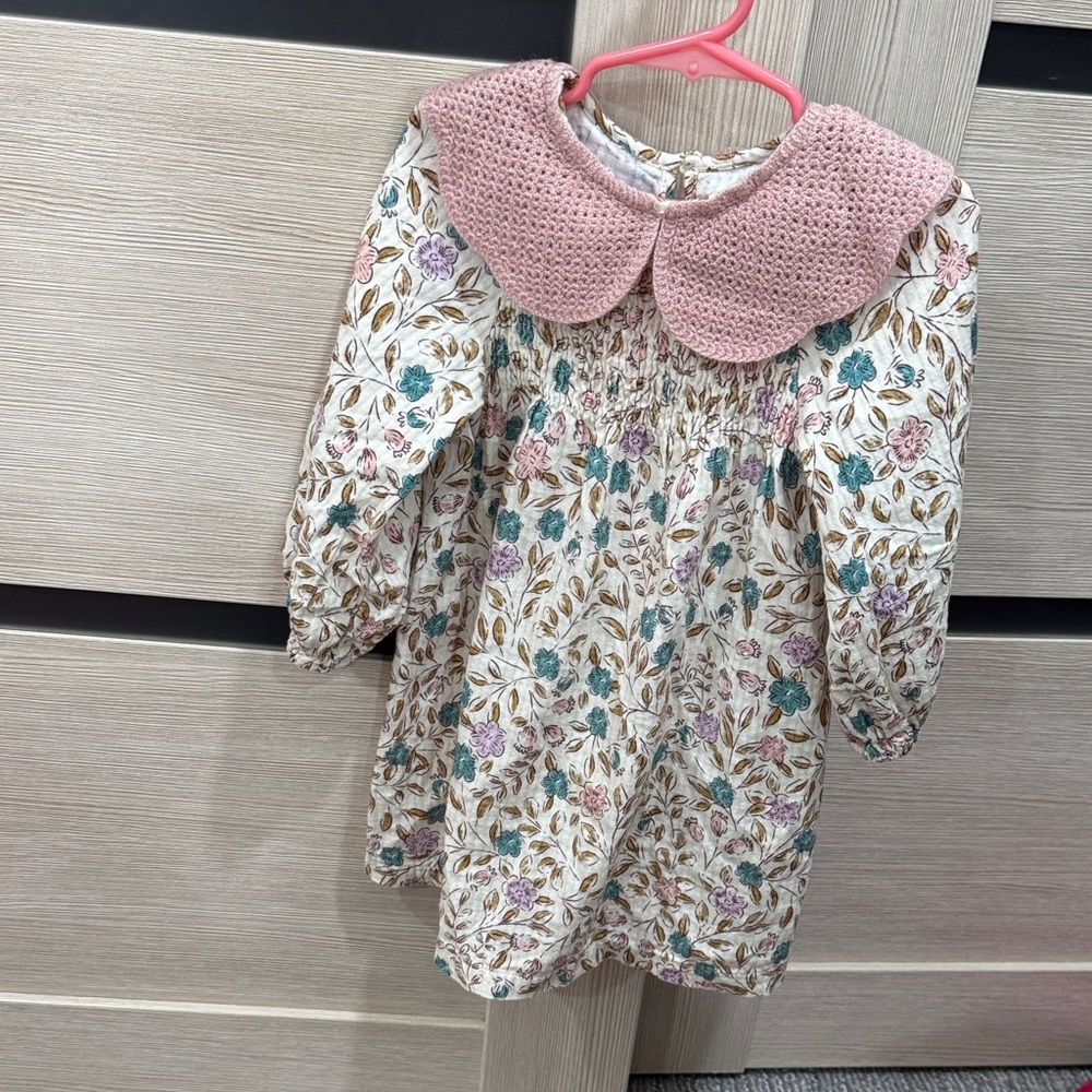 Zara floral Long-Sleeve toddler Dress smoky at top and Pink crochet  Collar